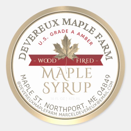 Esdoornsiroop hout gestookt rode banner gouden bla ronde sticker (Voorkant)