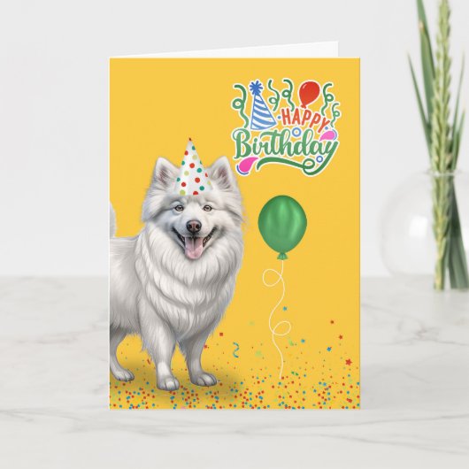 Eskimo Dog in een Party Pet op Yellow Birthday Kaart (Voorkant)