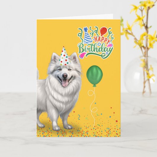 Eskimo Dog in een Party Pet op Yellow Birthday Kaart (Gele Bloem)