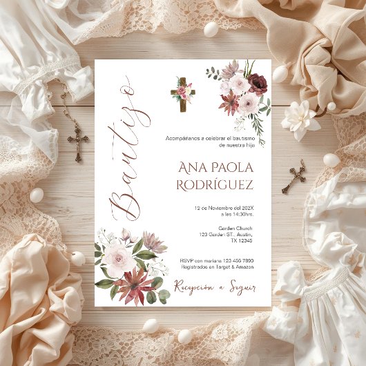 Espagnol Boho Floral Girl Baptism Invitation