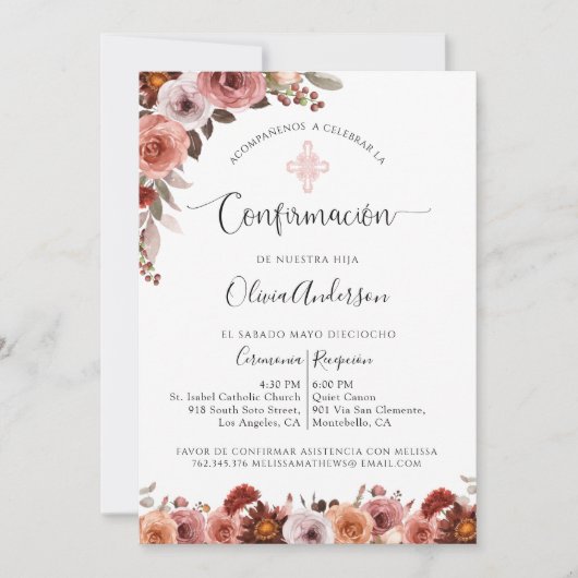 Espagnol Confirmation Blush Rose Floral Invitation (Devant)