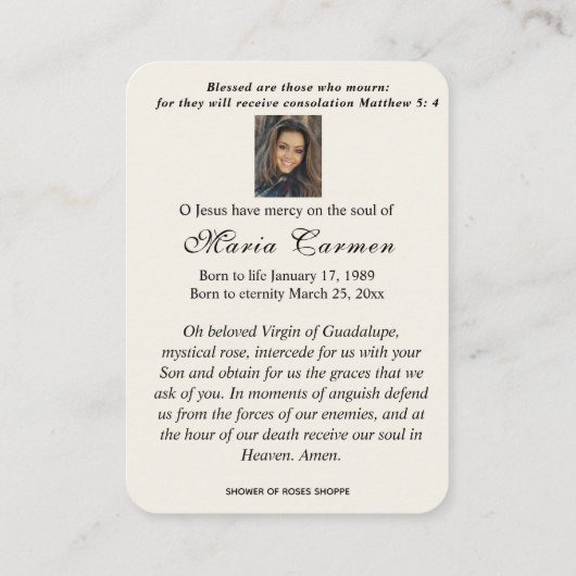 Espagnol Guadalupe Marie Prière funéraire Carte Sa (Dos)