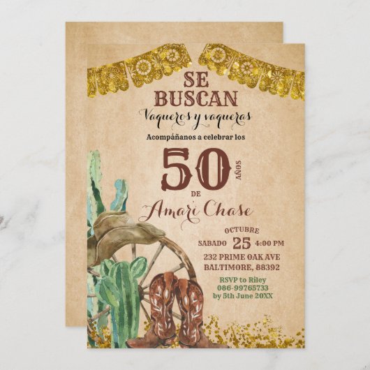 Espagnol Occidental Cowboy Invitation Anniversaire (Devant / Derrière)