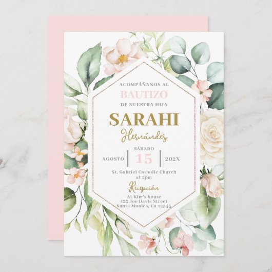 Espagnol rose floral Baptême fille invitation (Devant / Derrière)