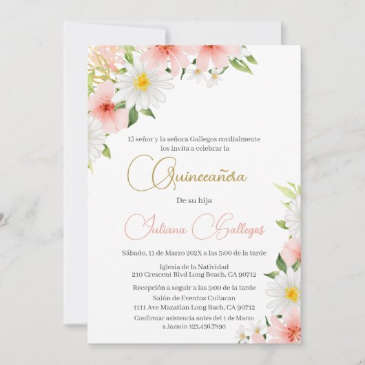 Espagnol rose Floral Quinceanera invitation (Devant)