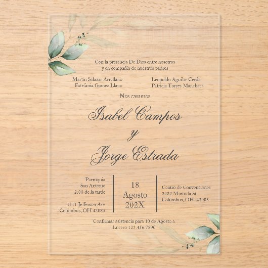Espagnol vert Mariage acrylique Invitation (Recto)