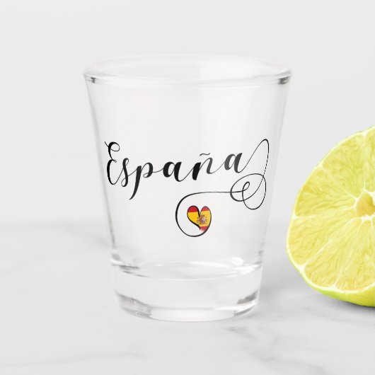 España Spain Flag Heart Script Shot Glas (Voorkant)