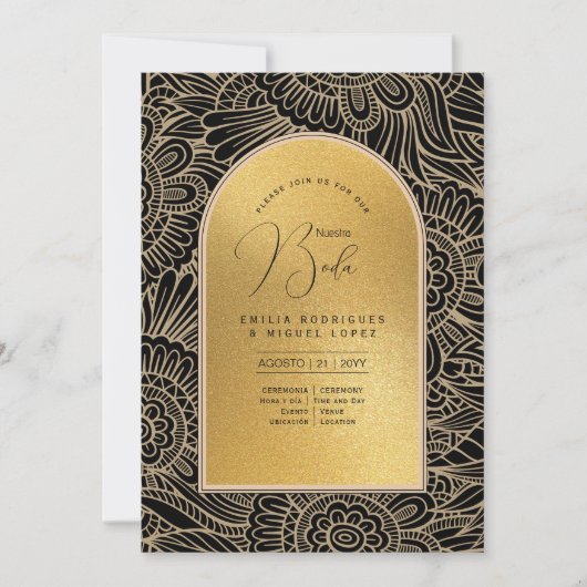 Espanol Invitación Boda Elegant Black Gold Wedding Kaart (Voorkant)