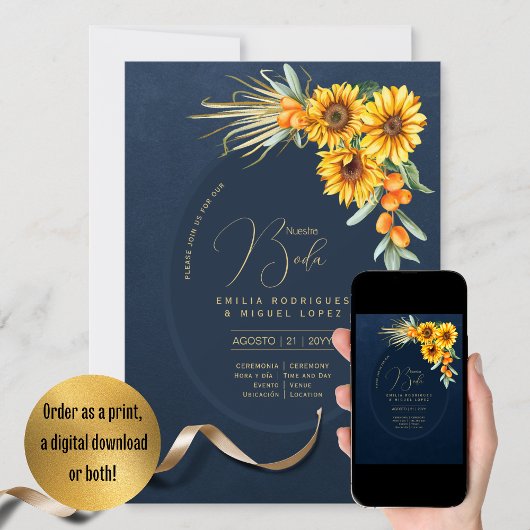 Espanol Invitación Boda Rustic Blue Sunflower Kaart