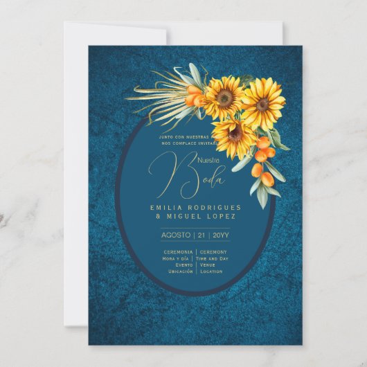 Espanol Invitación Boda Rustic Blue Sunflower Kaart (Voorkant)