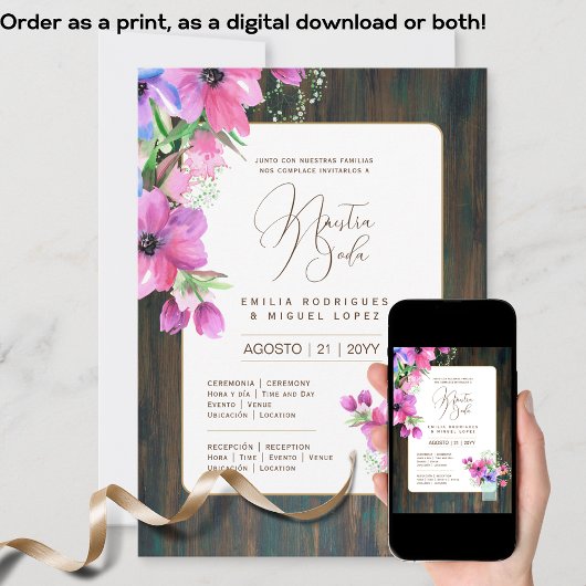 Espanol Invitación de Boda Floral Wedding Rustic I Kaart