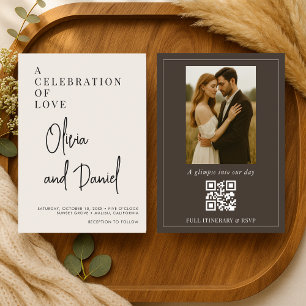 Espresso Bruine Script Foto QR Code Trouwkaart Kaart