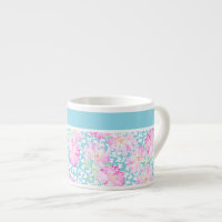 Espresso Mok, roze rozen, witte vlinders