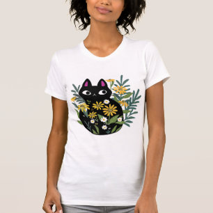 Essential T-Shirt, Zwarte kat met bloemen ontworpe T-shirt