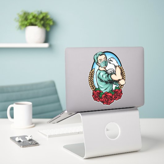 Essential Worker Hero Sterke Caring Nurse Sticker (Laptop op bureau)