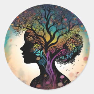 **"Essentie van de Aarde: Abstracte Vrouwe Moeder Ronde Sticker