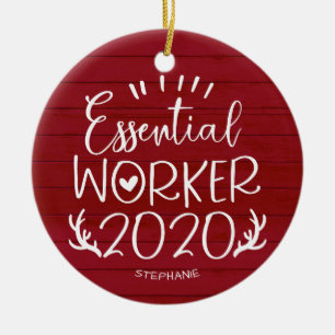 Essentiële Werknemer 2020 Covid Kerstmis Rood Hout Keramisch Ornament