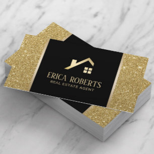 Estate Agent Black & Gold Glitter Custom Logo Visitekaartje