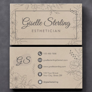 Estheetician Beige Suède Bloem Lijn Kunst Script Visitekaartje
