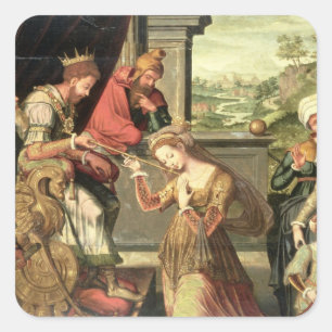 Esther voor koning Ahasuerus met Haman Vierkante Sticker