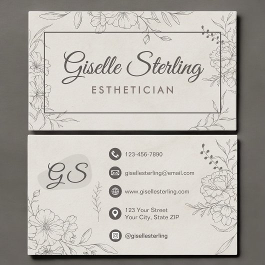 Esthetician Marble Stone Floral Line Art Script Visitekaartje