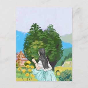 Esthetisch landschap Meisje op tuin waterverf Briefkaart