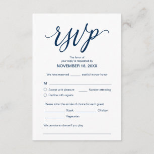 Esthetisch, marineblauw, huwelijksdiner RSVP, Reag Informatiekaartje
