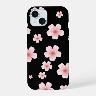 Esthetisch roze kersenbloesempatroon donker bloemm iPhone 15 hoesje