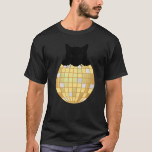 Esthetische Disco Bal Zilver Geel Zwart Kat Disco T-shirt