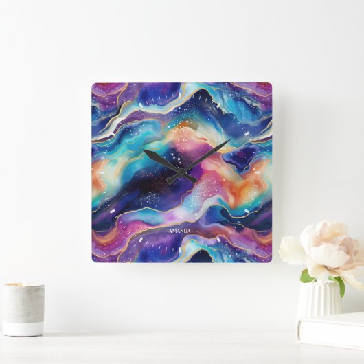 Esthetische kleurrijke regenboog glitter agaat vierkante klok (Huis)