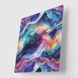 Esthetische kleurrijke regenboog glitter agaat vierkante klok