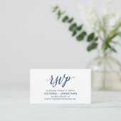 Esthetische Navy Blue Script, bruiloft RSVP reager Informatiekaartje (Staand voorkant)