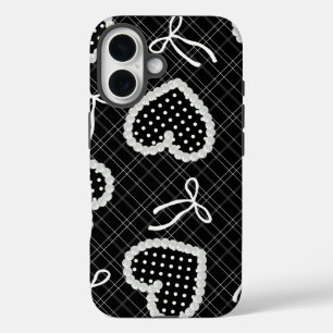 Esthetische parel omrande polka stip hart & witte iPhone 16 hoesje