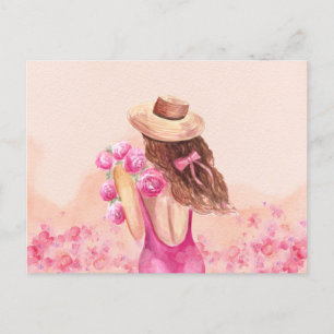 Esthetische roze bloemenboeket meisje briefkaart
