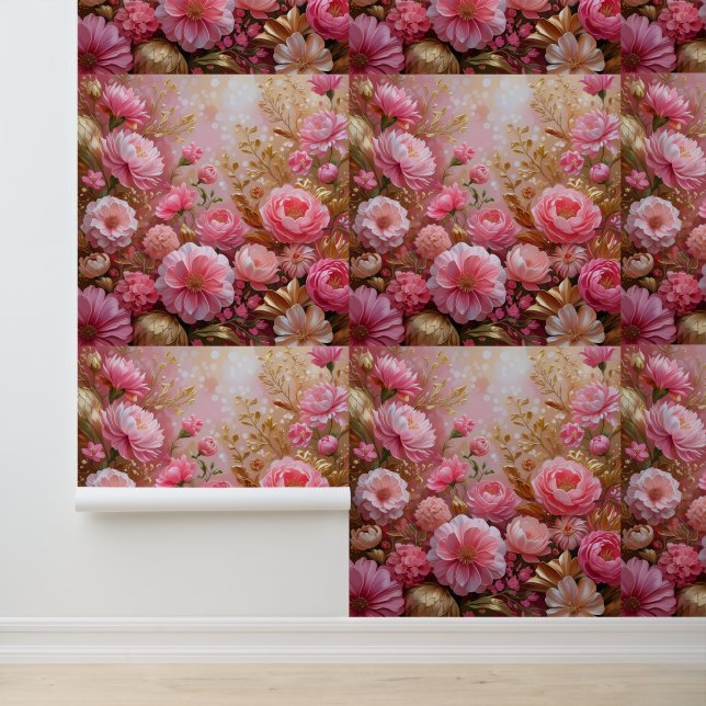 Esthetische Roze en Gouden Bloem Wall Behang (Applicatie)