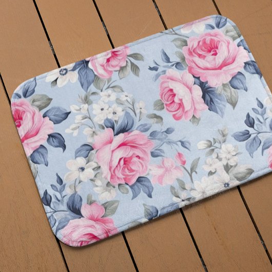 Esthetische roze rozen witte bloemen patroon badmat