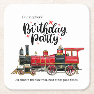 Esthetische vintage trein verjaardag coaster vierkante kartonnen onderzetter