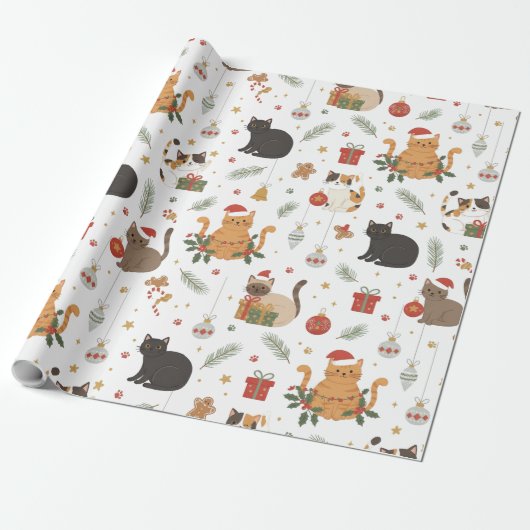estive Meowy Christmas Cat Pattern Gift Cadeaupapier (Uitgerold)