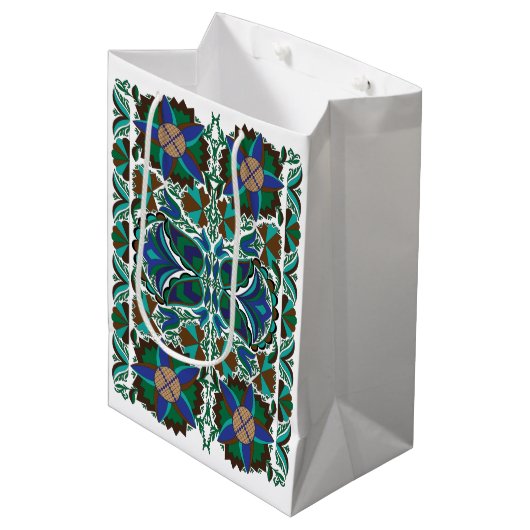 Ests Blue folk art patroon met bloem Medium Cadeauzakje (Voorkant Gekanteld)