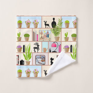 Étagères avec fleurs, livres et décorations