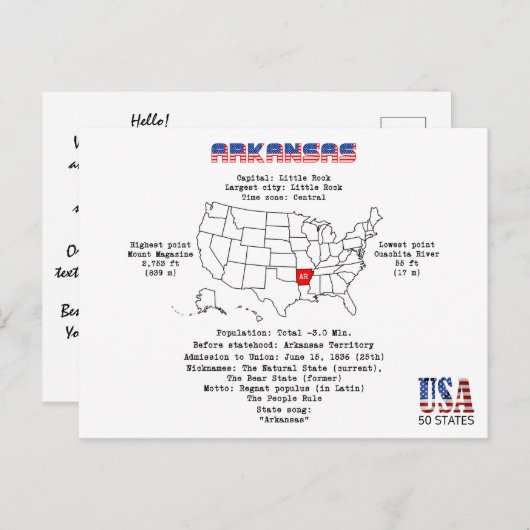 État américain de l'Arkansas sur une carte et une (Devant / Derrière)