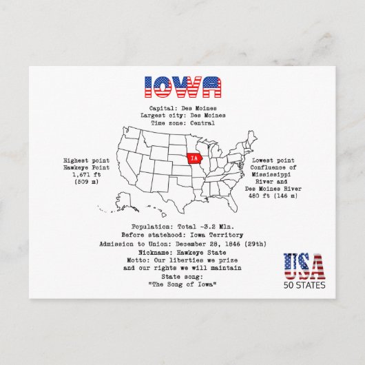 Etat américain de l'Iowa sur une carte et des info (Devant)