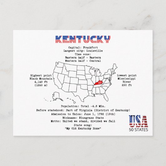 État du Kentucky American sur une carte et des inf (Devant)