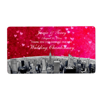 Etched NYC Skyline #2 Roze rood hart H Wijnlabel Etiket