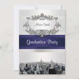 Etched NYC Skyline 2 White BG Blu Ribbn Afstuderen Kaart