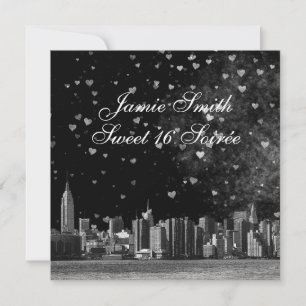 Etched NYC Skyline Black BG Wht Heart Sweet 16 SQ2 Kaart