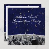 Etched NYC Skyline Blue Gold Star White Afstuderen Kaart (Voorkant / Achterkant)