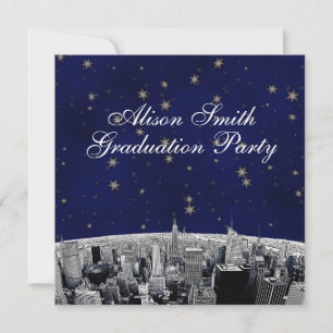 Etched NYC Skyline Blue Gold Star White Afstuderen Kaart
