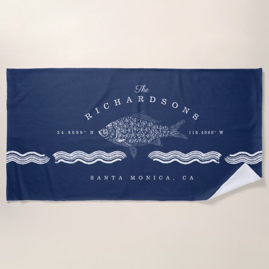 Etched Style Fish, Waves Ocean Coordinates Strandlaken (Voorkant)