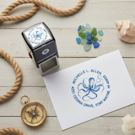 Etched Vintage Octopus Round Return Address Stamp Zelfinktende Stempel